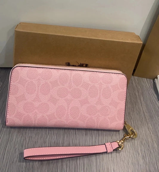 Women’s Pink Zip Around Wallet with Wrist Strap – Long Fashion Purse