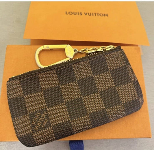 Brown Checkered Monogram Key Pouch – Compact Zipper Coin & Key Holder