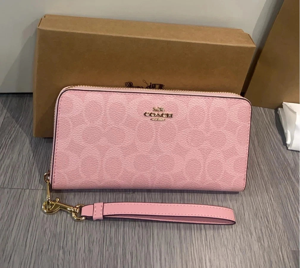 Women’s Pink Zip Around Wallet with Wrist Strap – Long Fashion Purse
