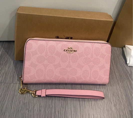 Women’s Pink Zip Around Wallet with Wrist Strap – Long Fashion Purse