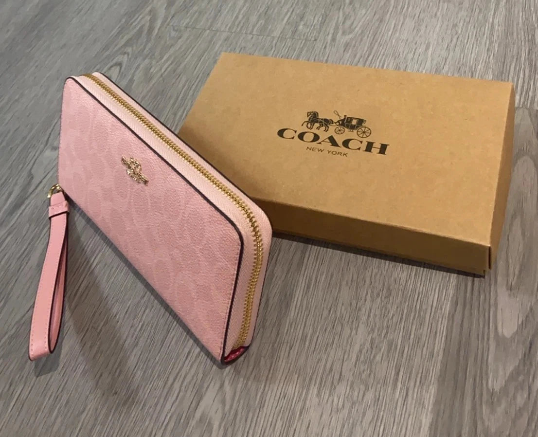Women’s Pink Zip Around Wallet with Wrist Strap – Long Fashion Purse