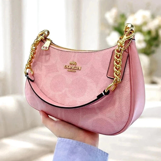 Pink Leather Shoulder Bag with Gold Chain – Women's Handbag